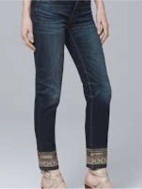 White House Black Market Dark Blue Embroidered Cuff Cropped Jeans